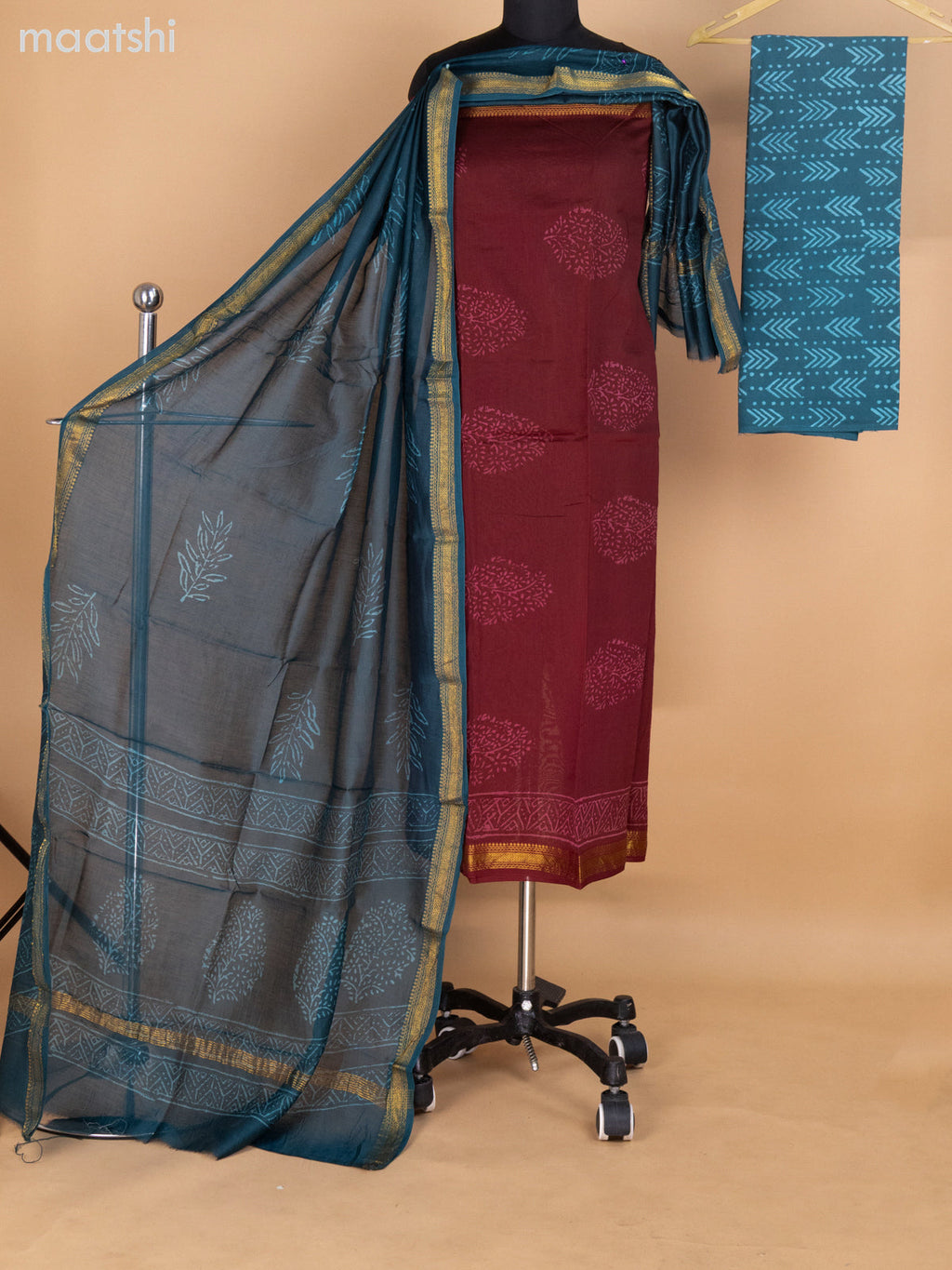 Maroon and Teal Shade Chanderi Dress Material With Butta Prints and Maheshwari Zari Border