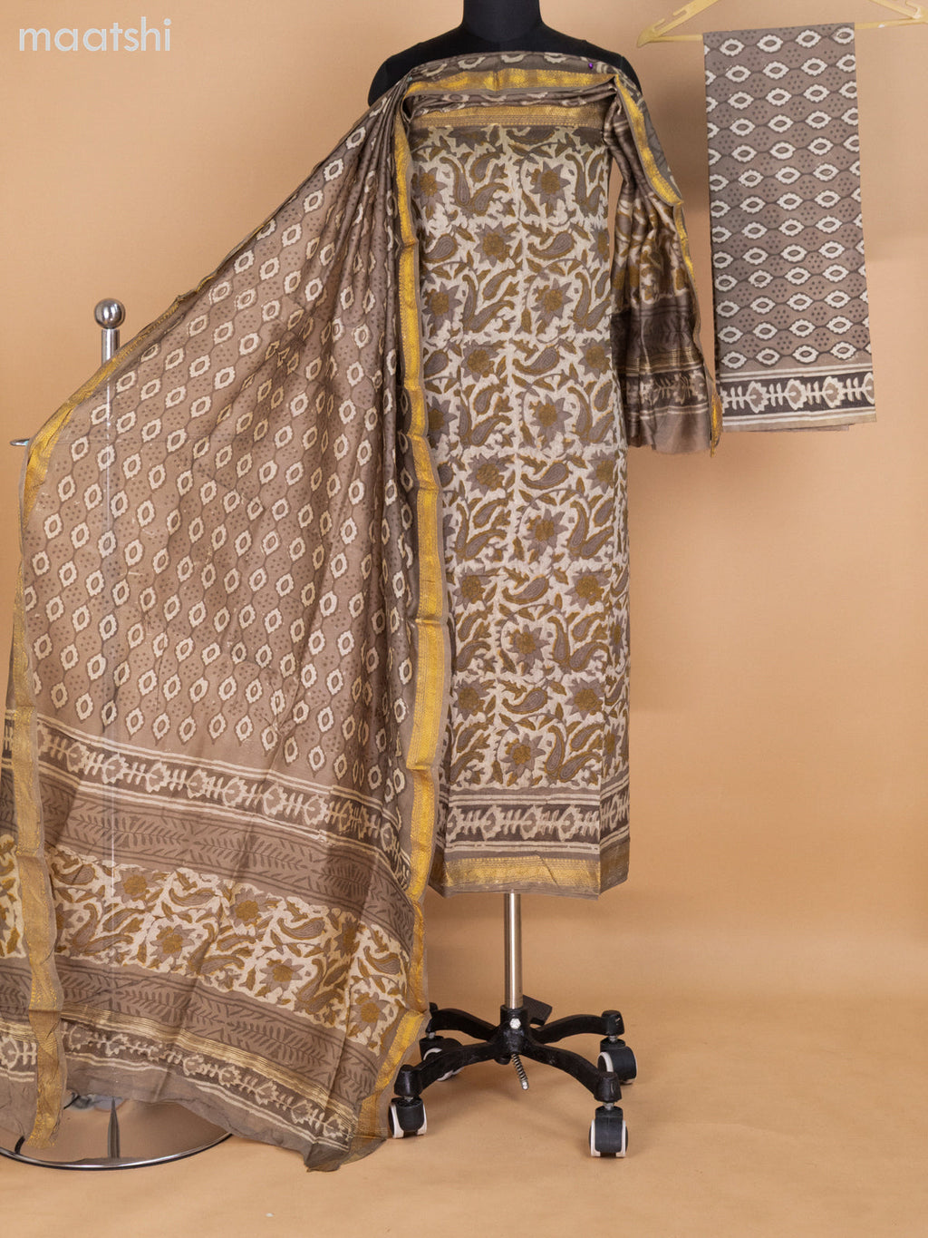 Beige and Grey Shade Chanderi Dress Material With Allover Prints and Maheshwari Zari Border