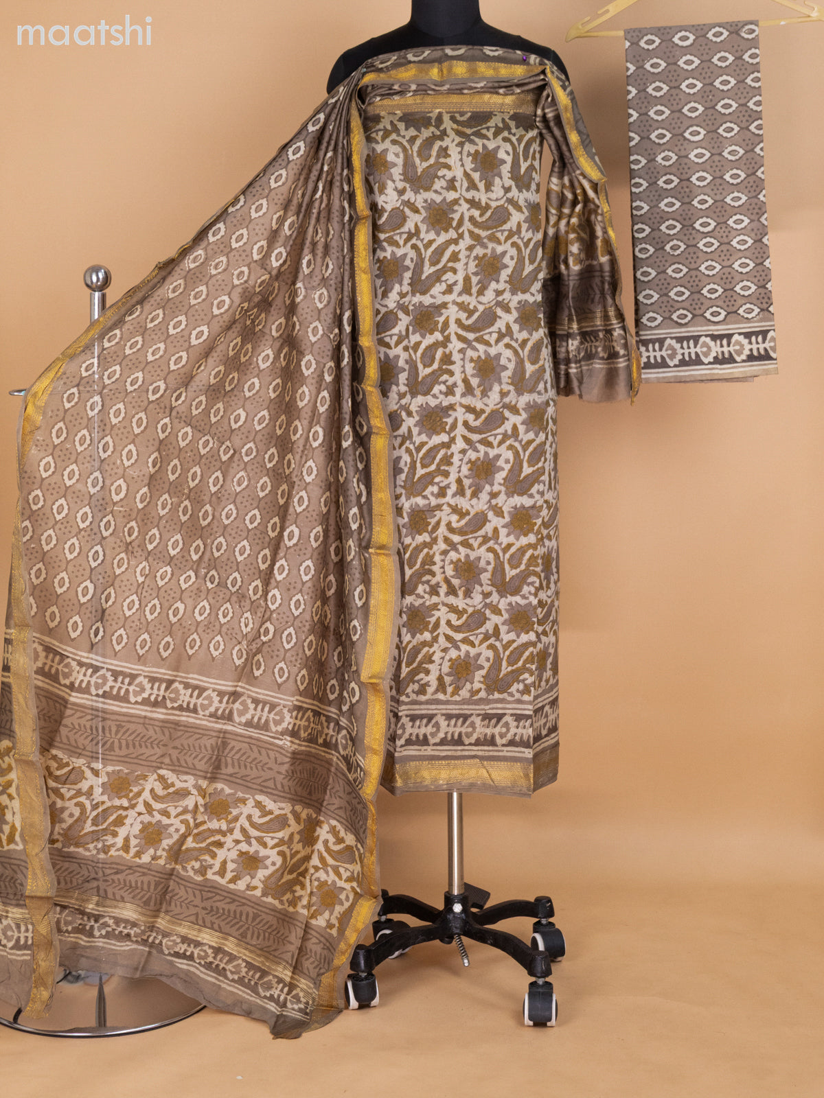 Beige and Grey Shade Chanderi Dress Material With Allover Prints and Maheshwari Zari Border