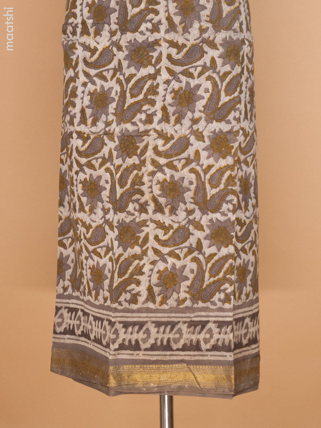 Beige and Grey Shade Chanderi Dress Material With Allover Prints and Maheshwari Zari Border