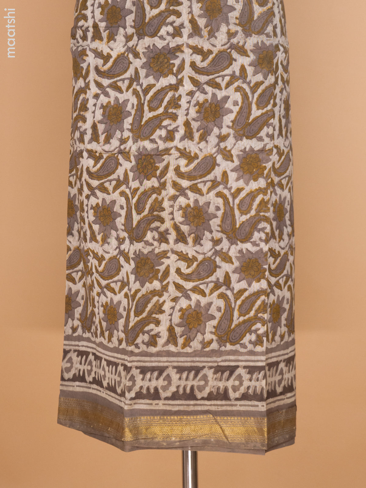 Beige and Grey Shade Chanderi Dress Material With Allover Prints and Maheshwari Zari Border