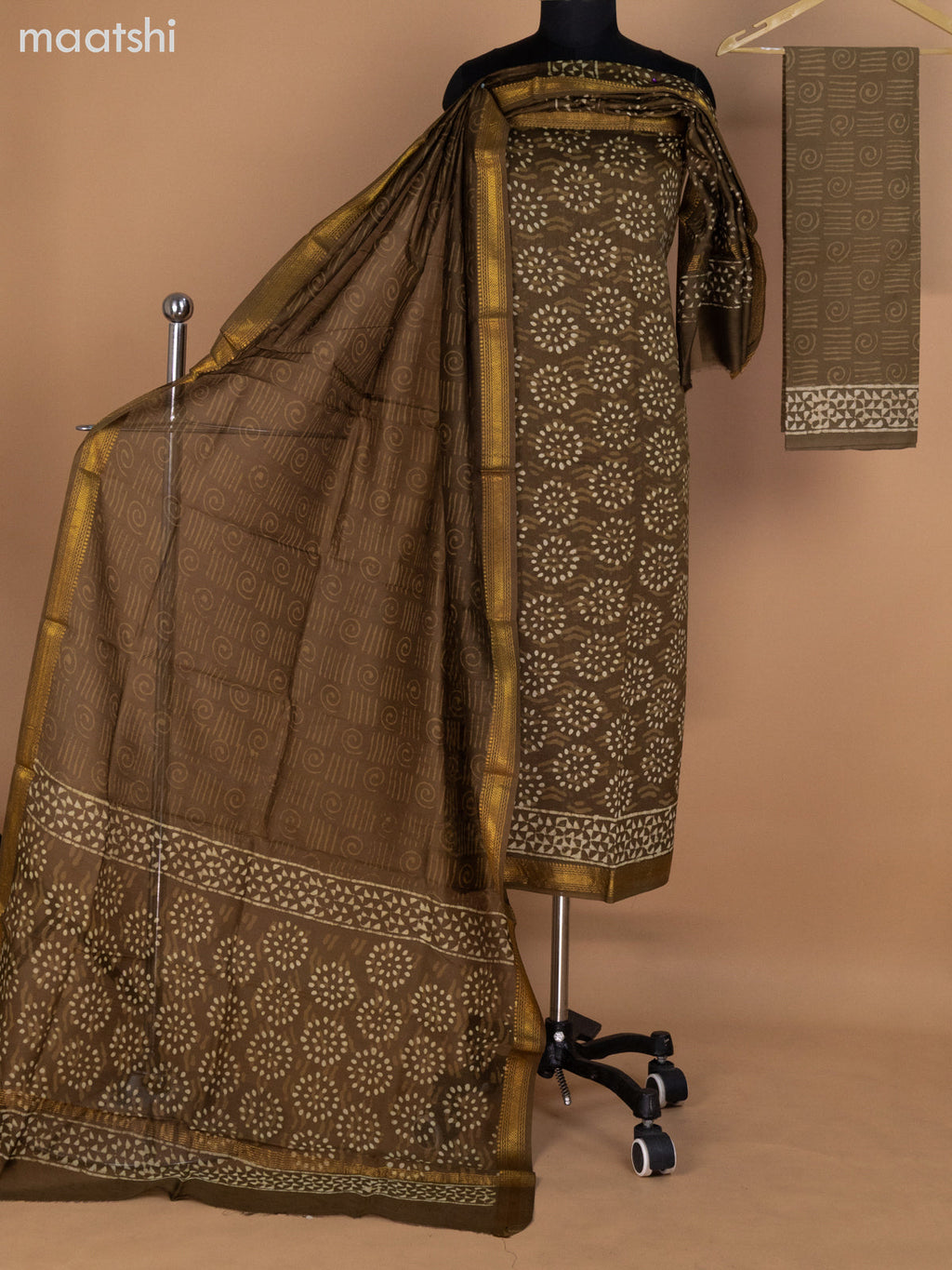 Dark Mehendi Green Chanderi Dress Material With Allover Dabu Prints and Maheshwari Zari Border