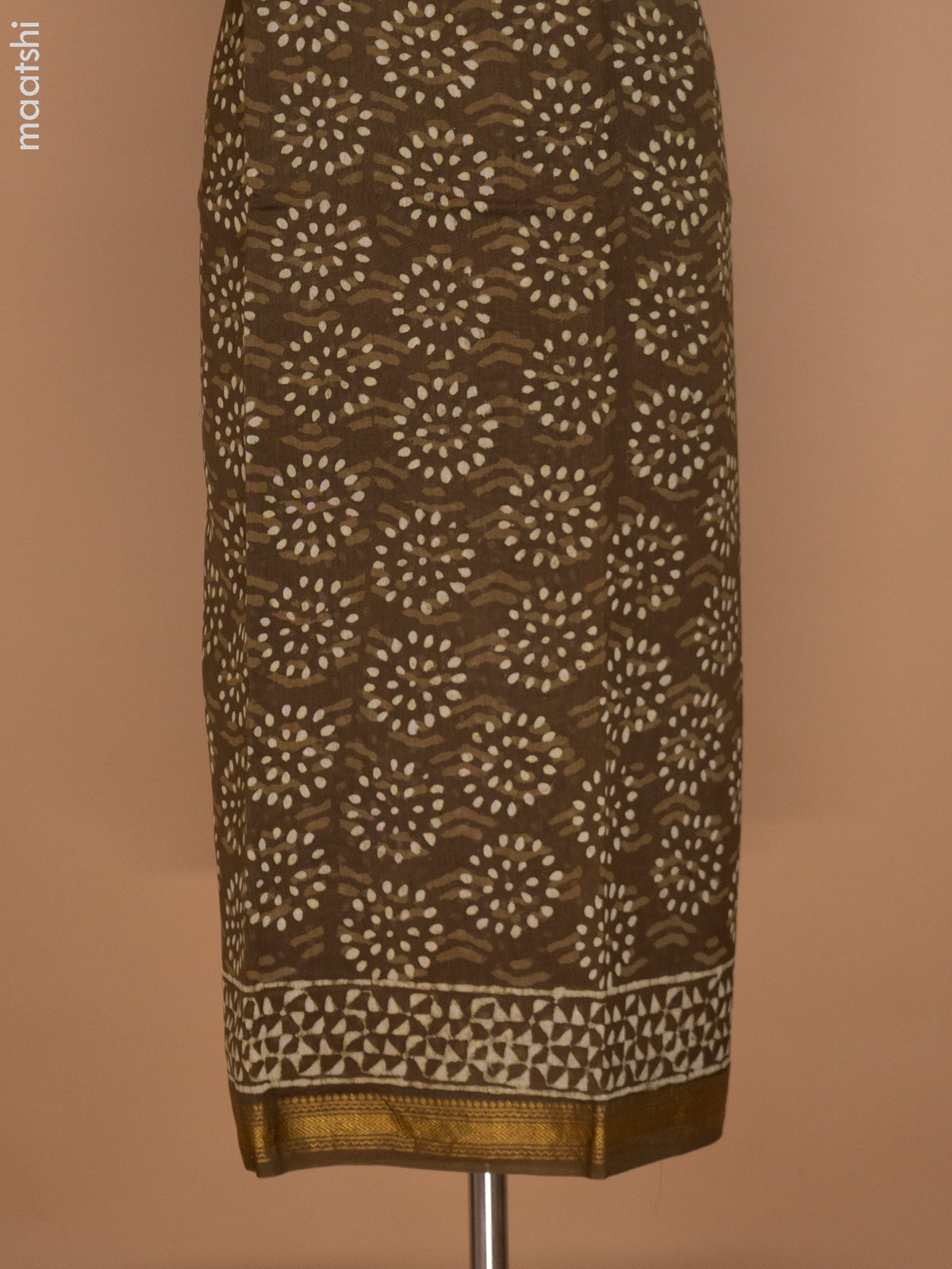 Dark Mehendi Green Chanderi Dress Material With Allover Dabu Prints and Maheshwari Zari Border