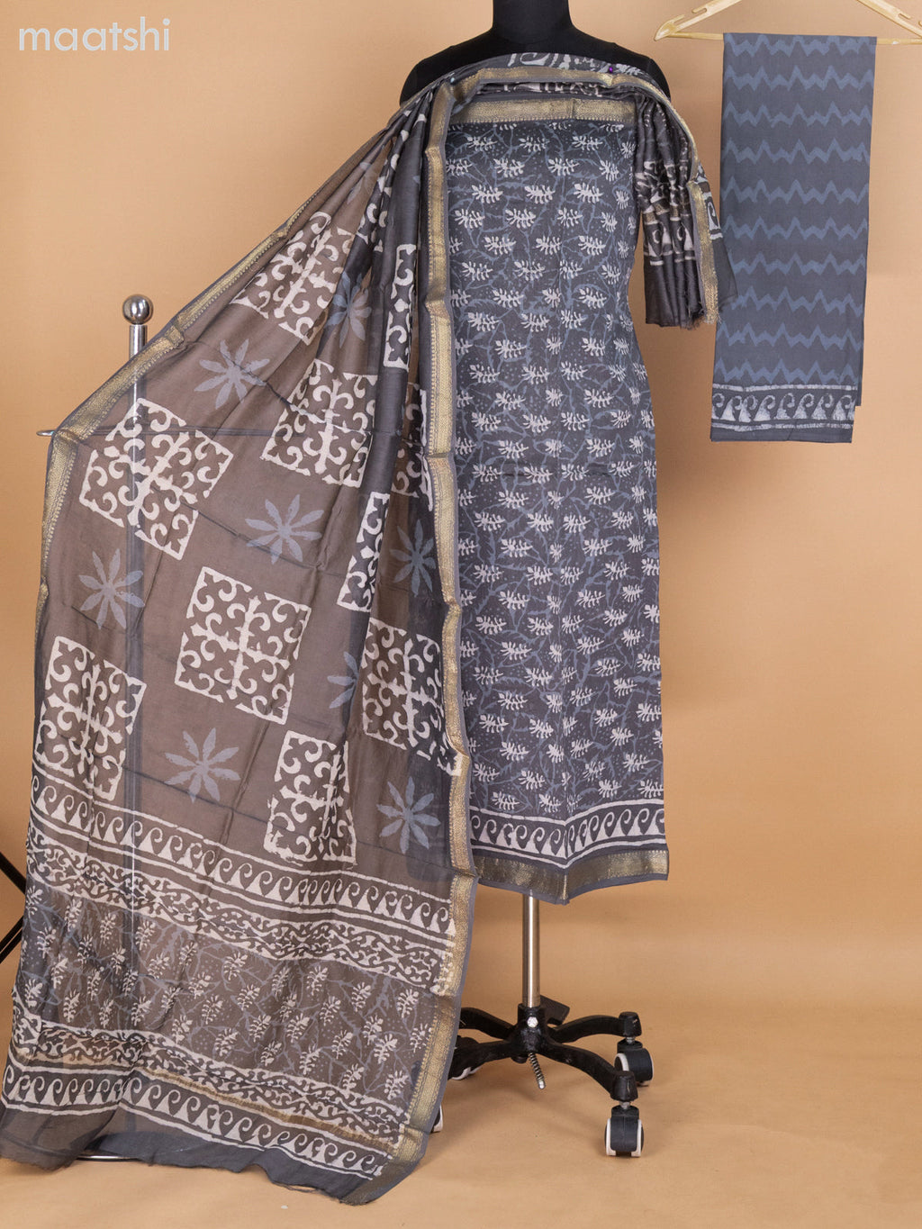 Grey Chanderi Dress Material With Allover Dabu Prints and Maheshwari Zari Border