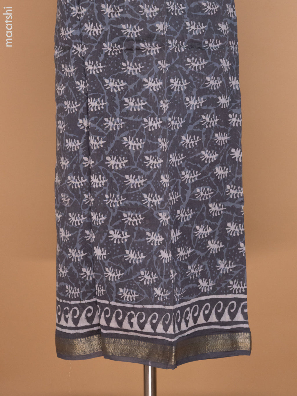 Grey Chanderi Dress Material With Allover Dabu Prints and Maheshwari Zari Border