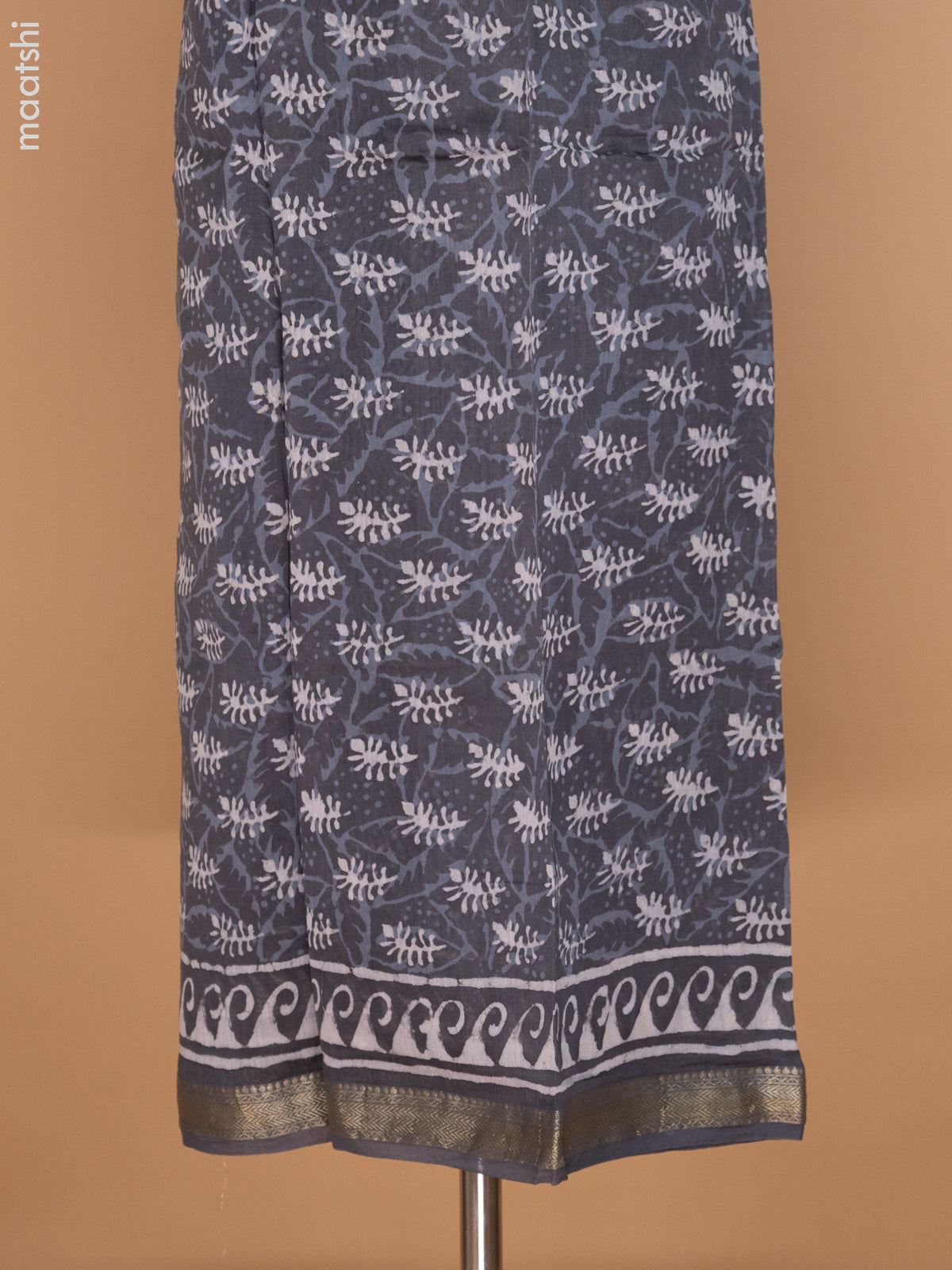 Grey Chanderi Dress Material With Allover Dabu Prints and Maheshwari Zari Border