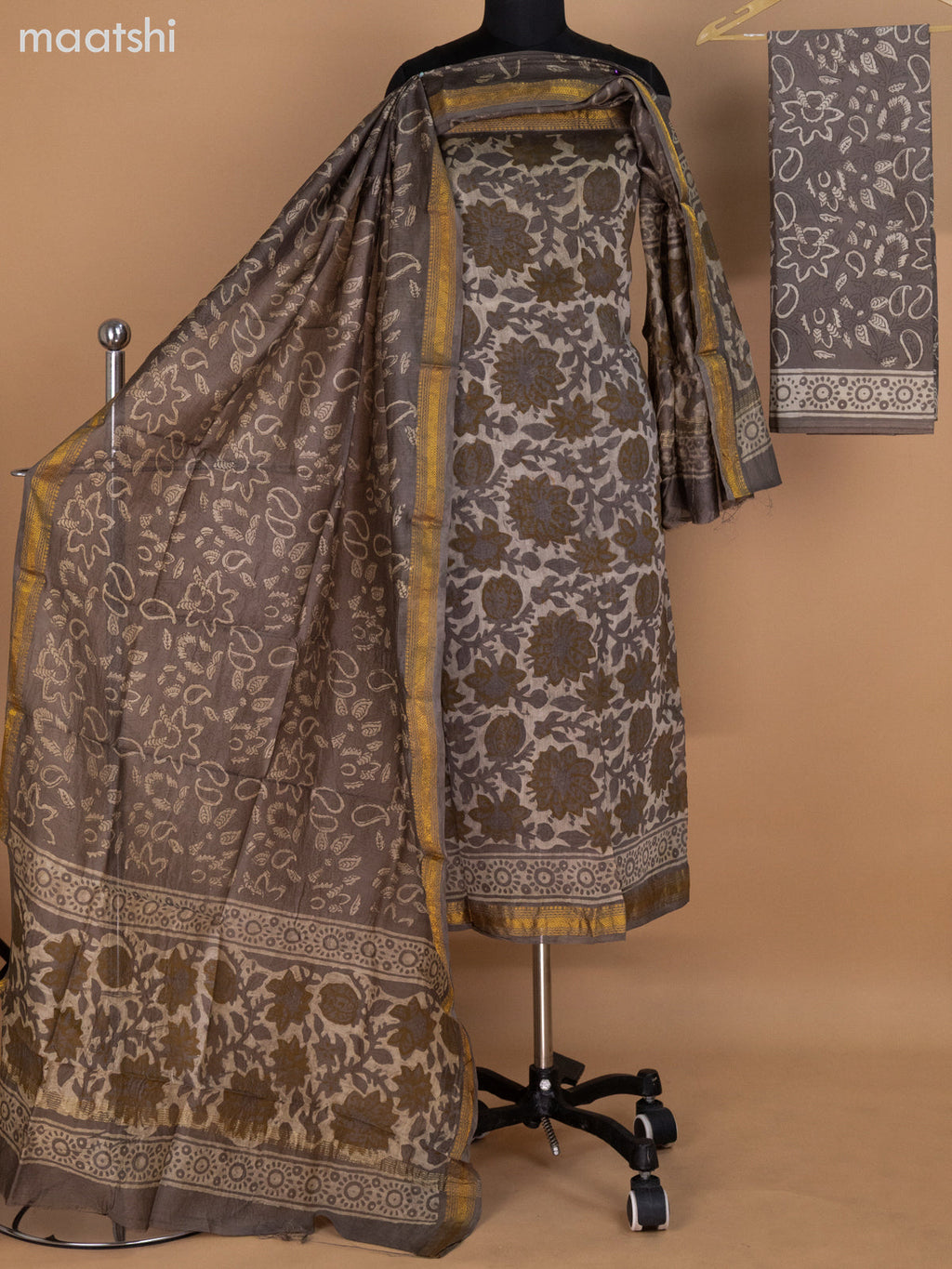 Beige and Grey Shade Chanderi Dress Material With Allover Prints and Maheshwari Zari Border