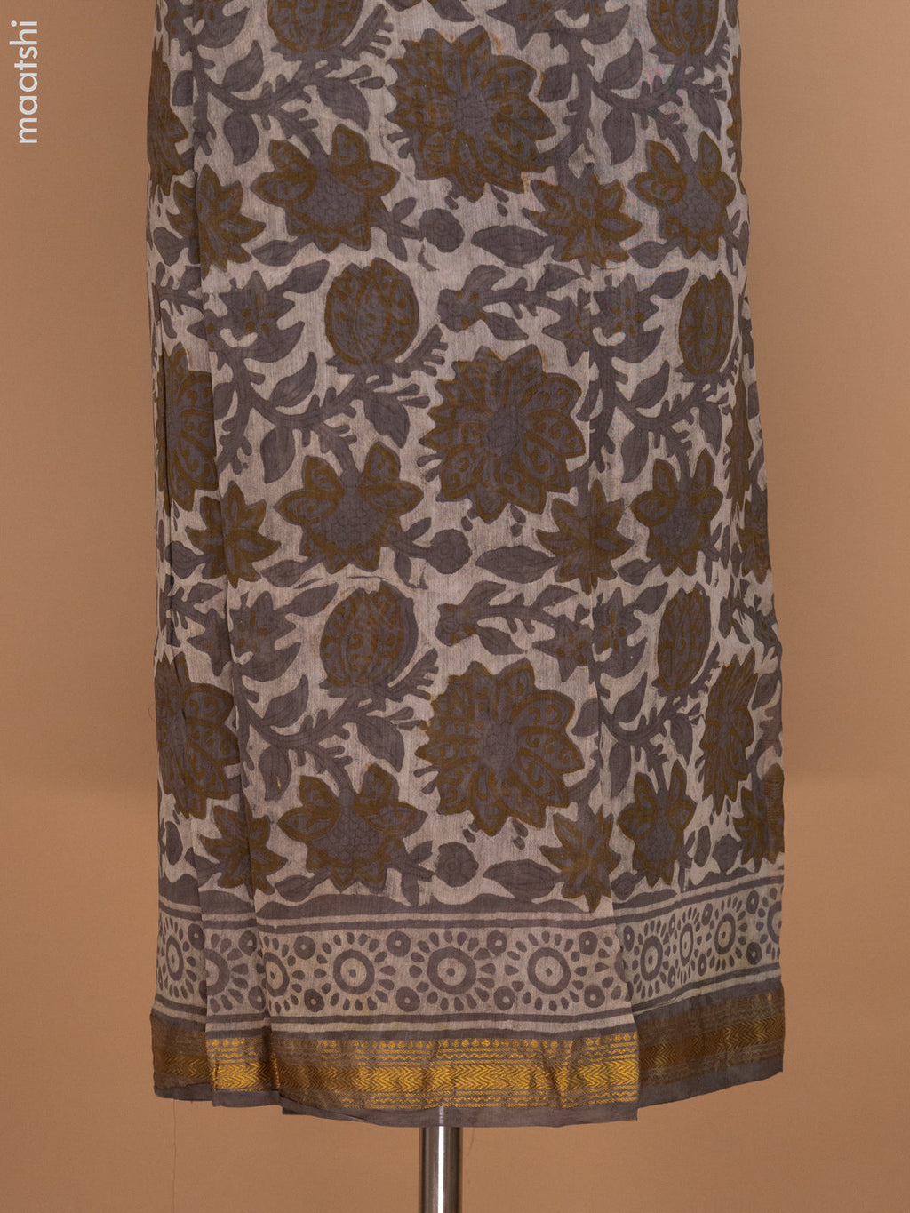 Beige and Grey Shade Chanderi Dress Material With Allover Prints and Maheshwari Zari Border