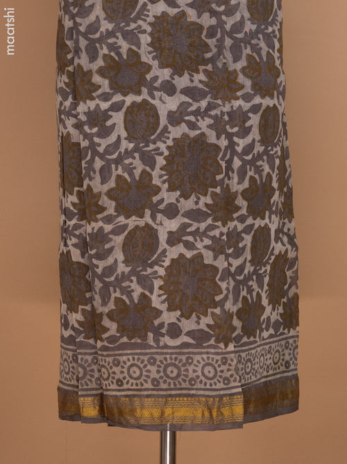 Beige and Grey Shade Chanderi Dress Material With Allover Prints and Maheshwari Zari Border