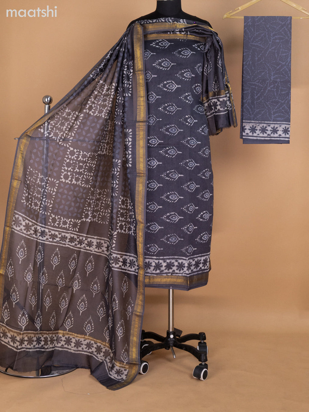 Grey Chanderi Dress Material With Butta Prints and Maheshwari Zari Border