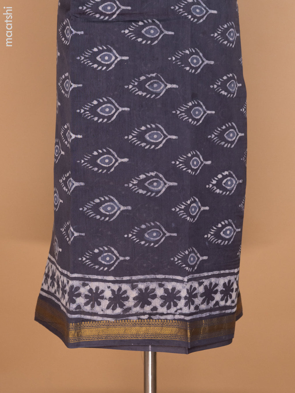 Grey Chanderi Dress Material With Butta Prints and Maheshwari Zari Border