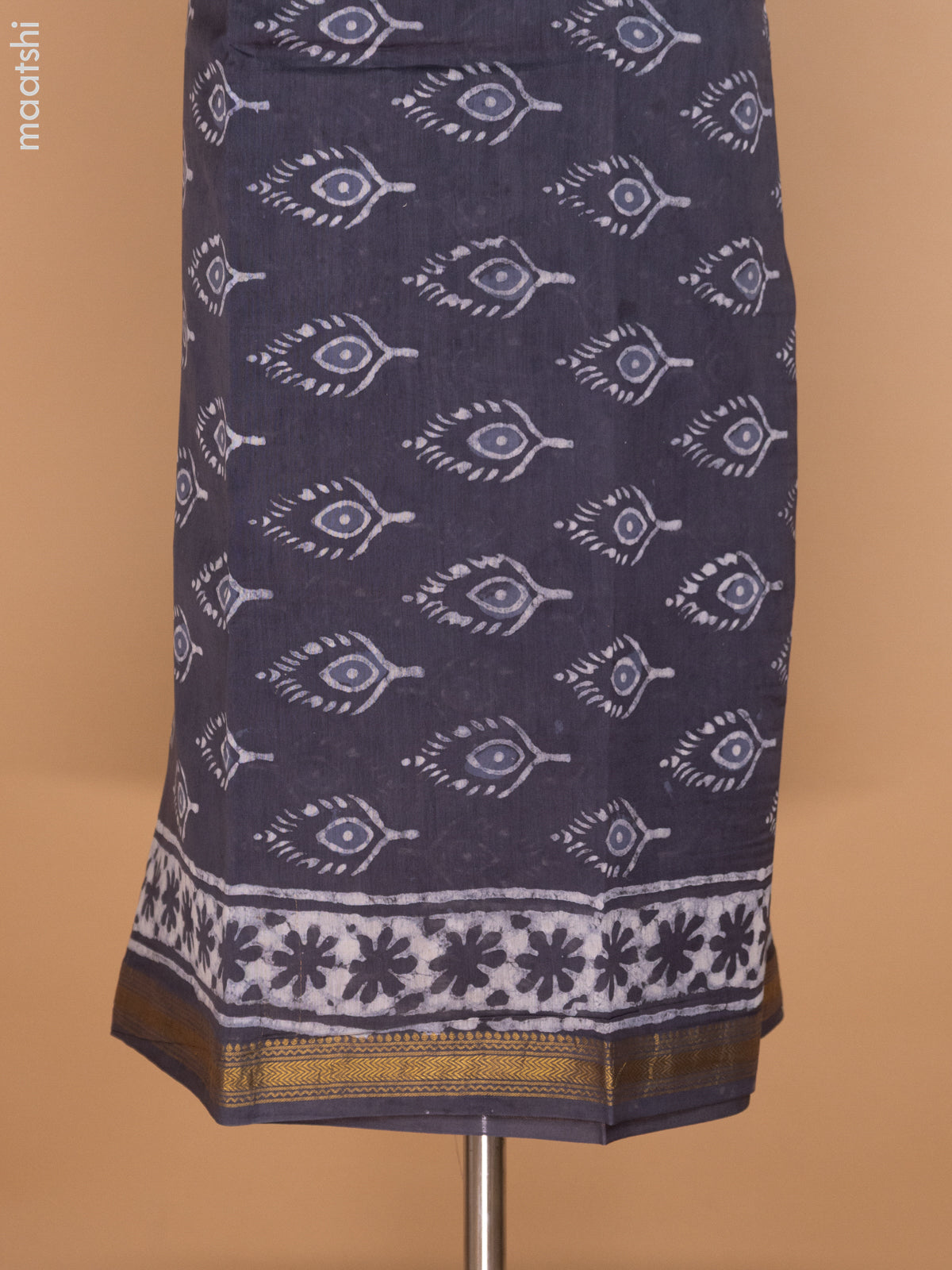 Grey Chanderi Dress Material With Butta Prints and Maheshwari Zari Border