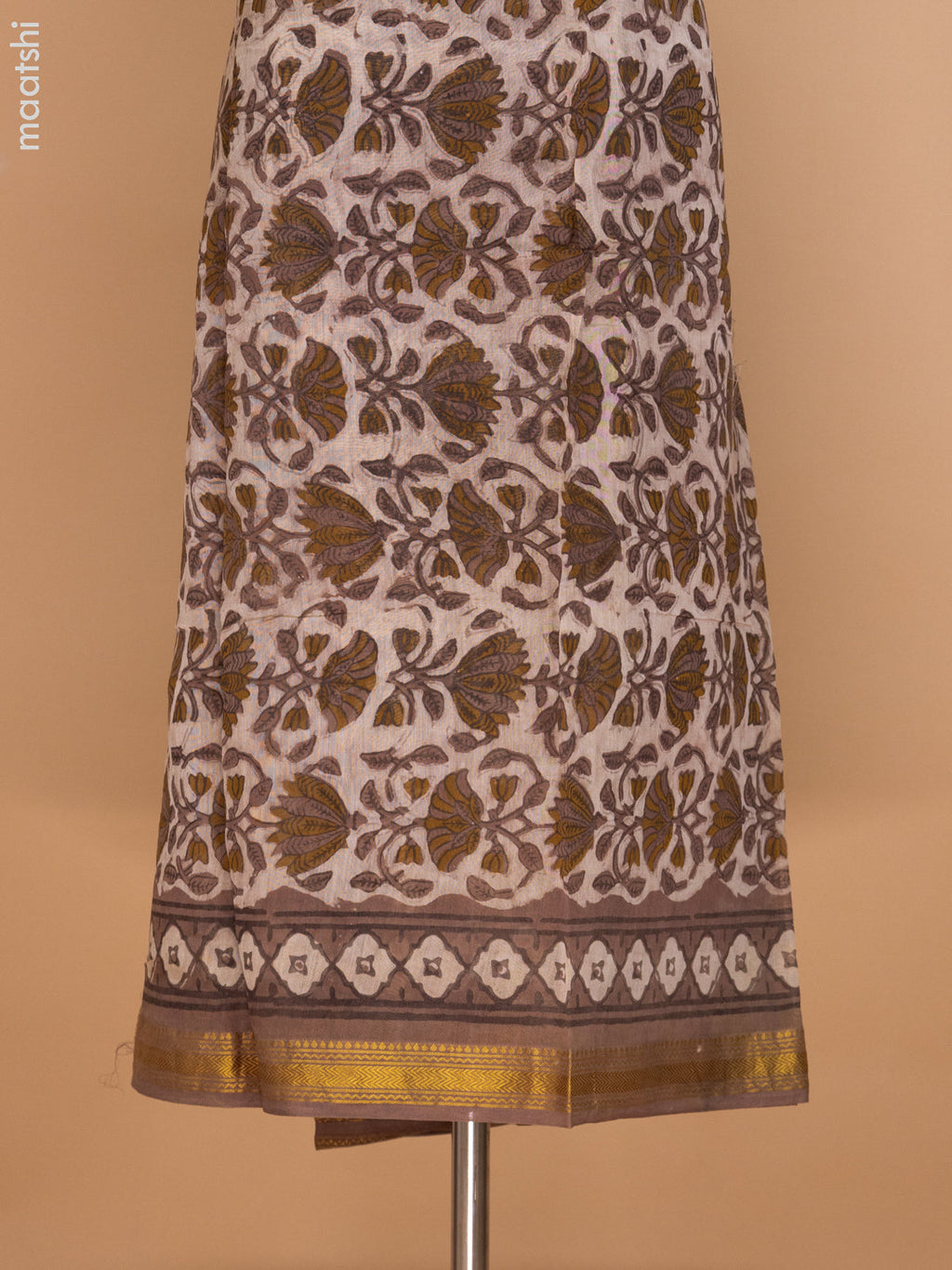 Beige and Brown Chanderi Dress Material With Allover Prints and Maheshwari Zari Border
