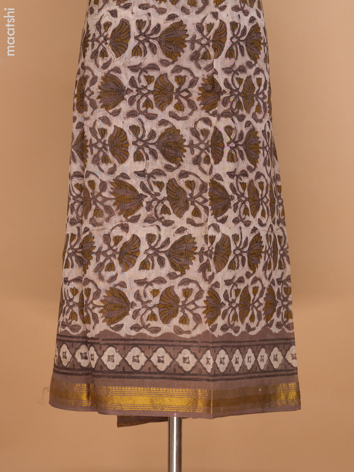Beige and Brown Chanderi Dress Material With Allover Prints and Maheshwari Zari Border
