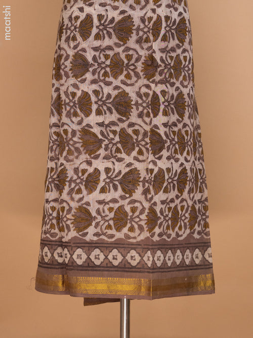 Beige and Brown Chanderi Dress Material With Allover Prints and Maheshwari Zari Border