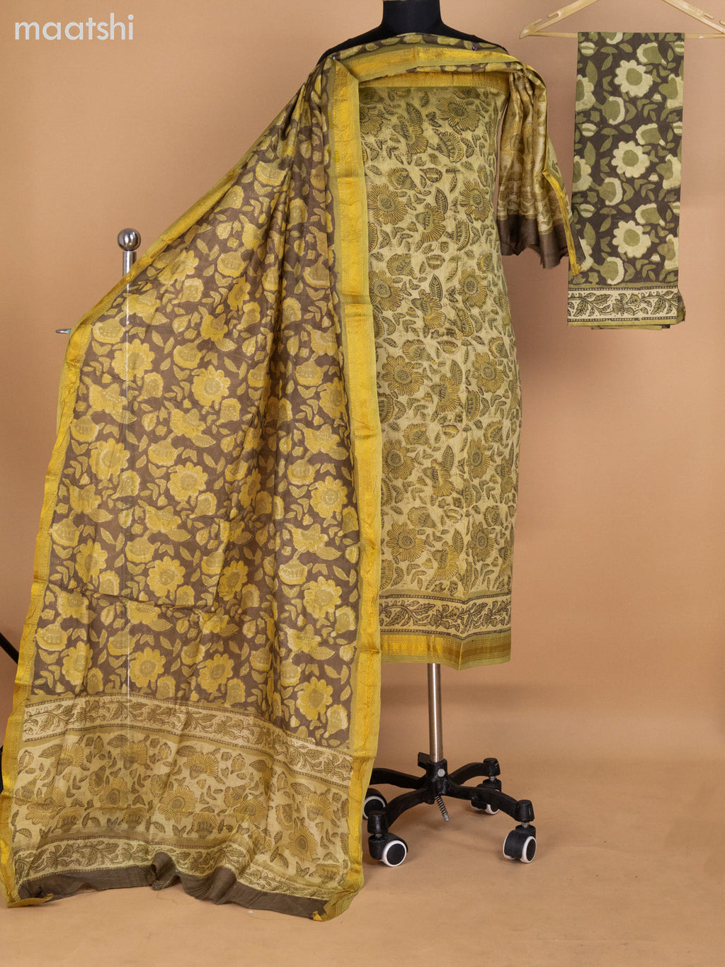 Light Green Chanderi Dress Material With Allover Prints and Maheshwari Zari Border