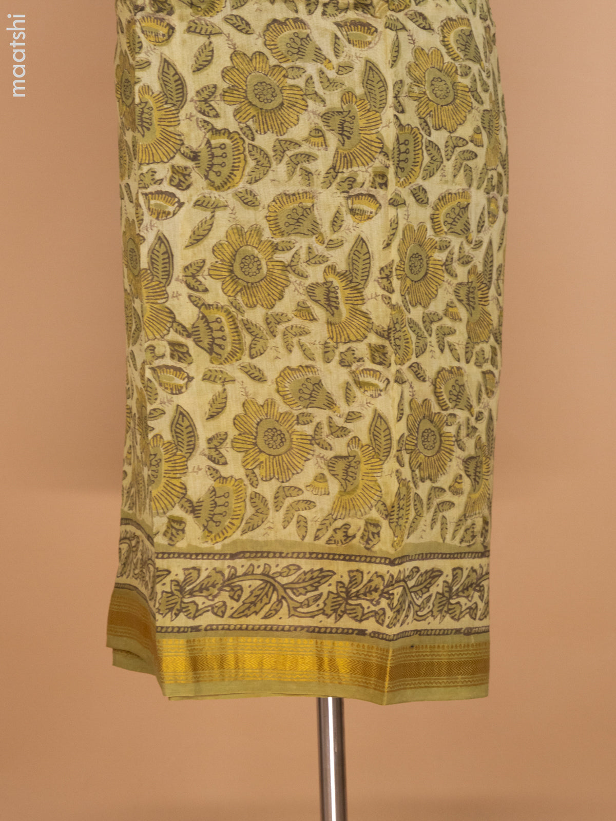 Light Green Chanderi Dress Material With Allover Prints and Maheshwari Zari Border