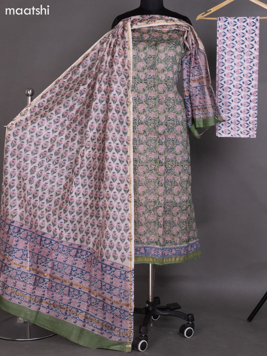 Pastel Green and Off White Chanderi Dress Material With Allover Kalamkari Prints and Small Zari Border