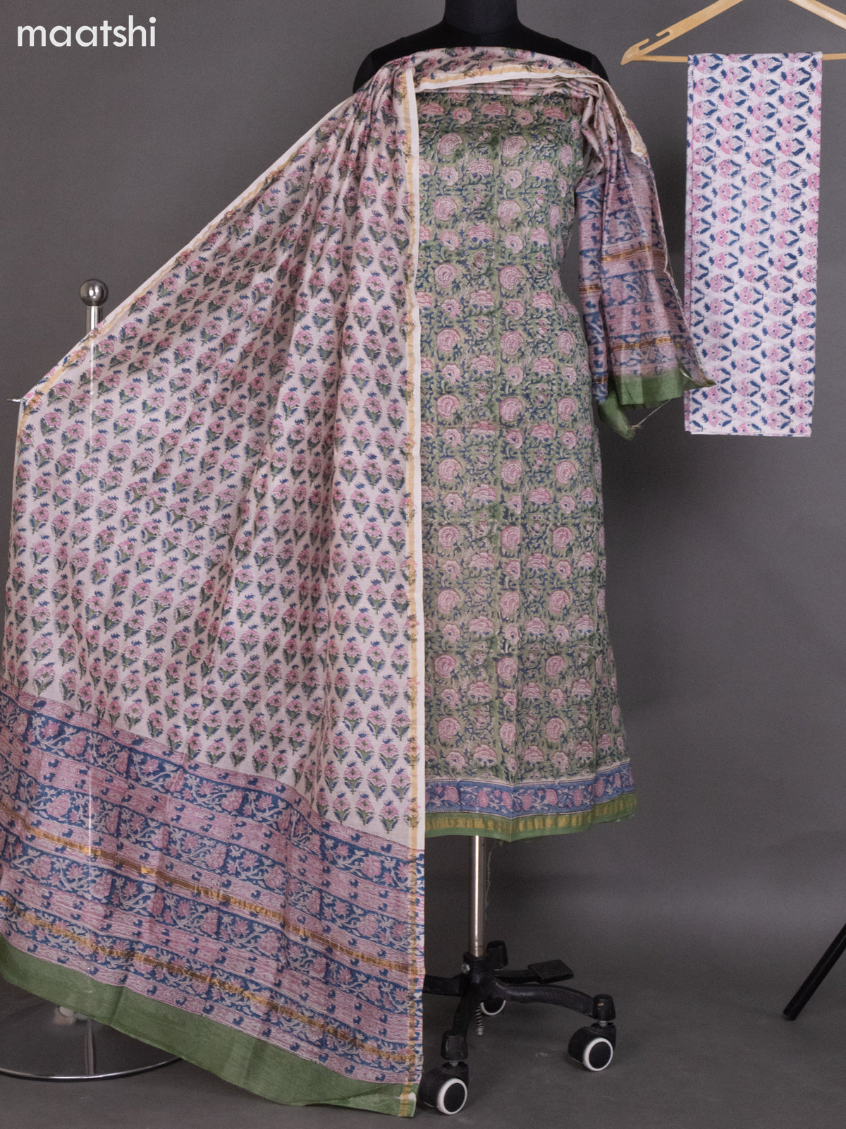 Pastel Green and Off White Chanderi Dress Material With Allover Kalamkari Prints and Small Zari Border