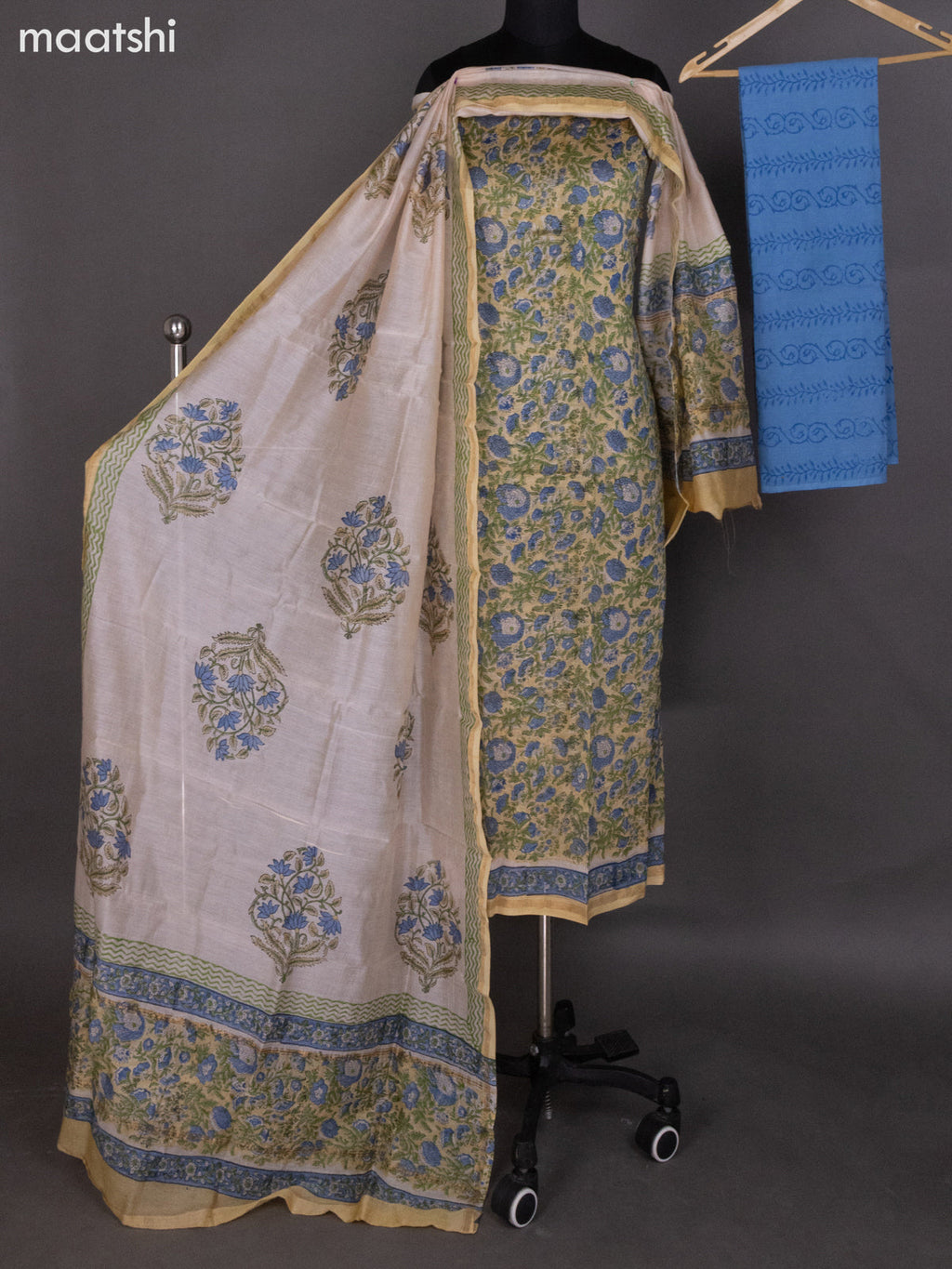 Pale Yellow Chanderi Dress Material With Allover Prints and Small Zari Border