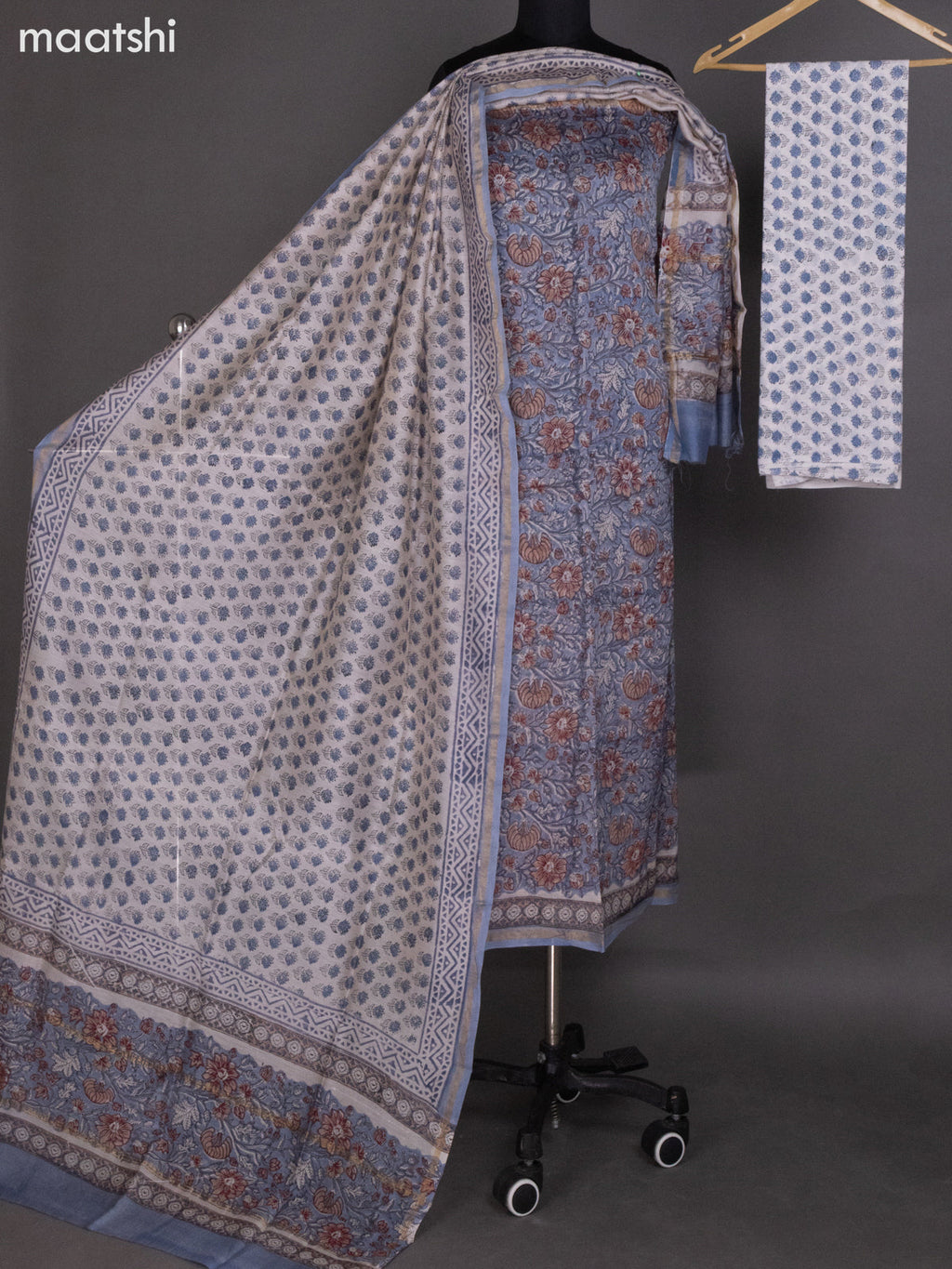 Bluish Grey Chanderi Dress Material With Allover Kalamkari Prints and Small Zari Border