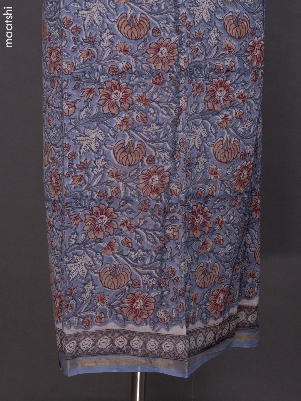 Bluish Grey Chanderi Dress Material With Allover Kalamkari Prints and Small Zari Border
