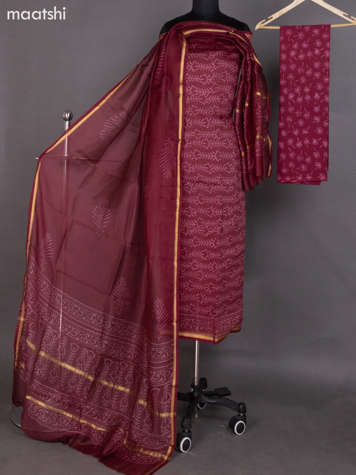 Wine Shade Chanderi Dress Material With Allover Prints and Small Zari Border