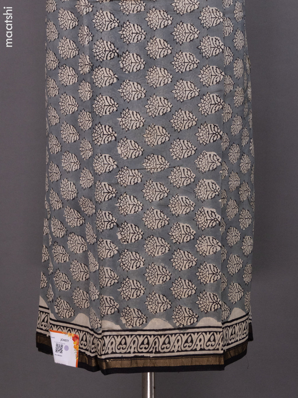 Grey and Beige Black Chanderi Dress Material With Butta Prints and Small Zari Border