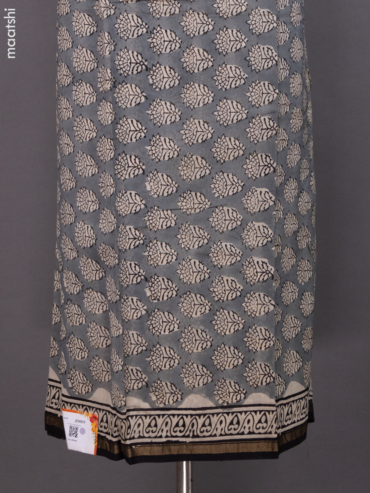 Grey and Beige Black Chanderi Dress Material With Butta Prints and Small Zari Border