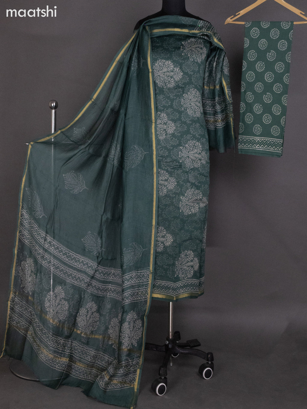 Green Shade Chanderi Dress Material With Allover Dabu Prints and Small Zari Border