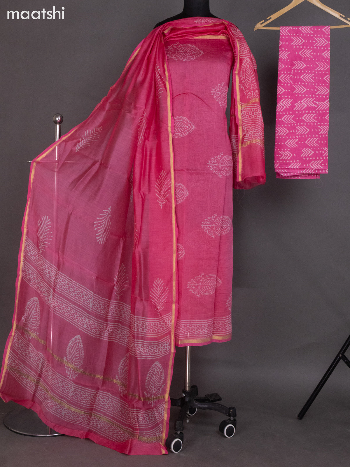 Pink Chanderi Dress Material With Butta Prints and Small Zari Border
