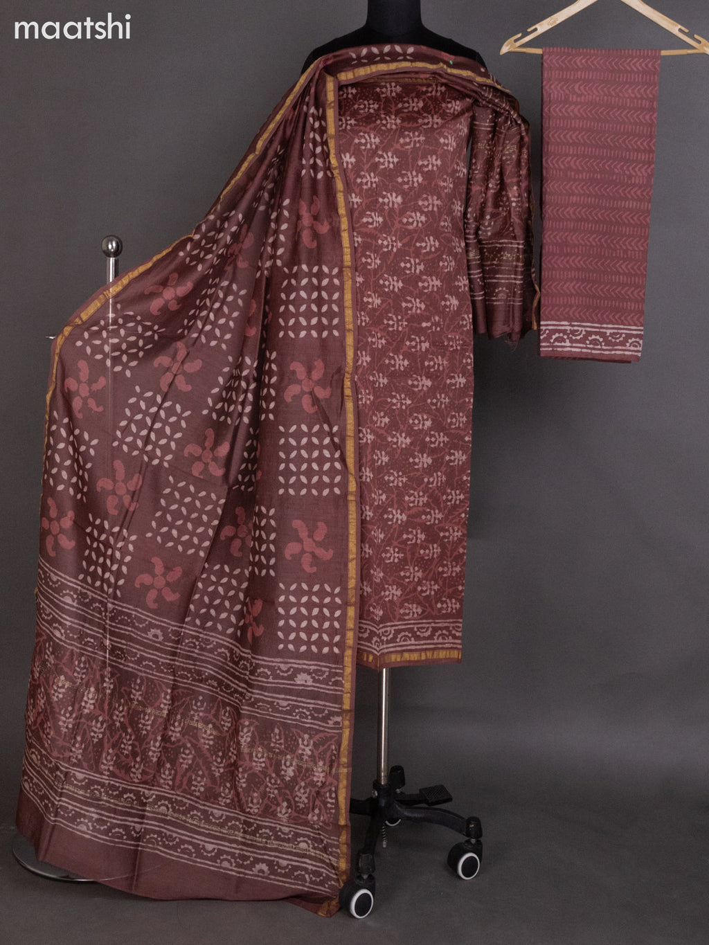 Brown Chanderi Dress Material With Allover Dabu Prints and Small Zari Border