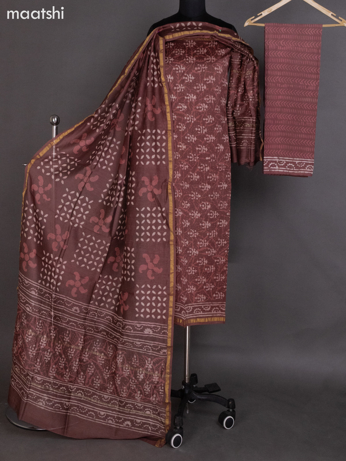 Brown Chanderi Dress Material With Allover Dabu Prints and Small Zari Border