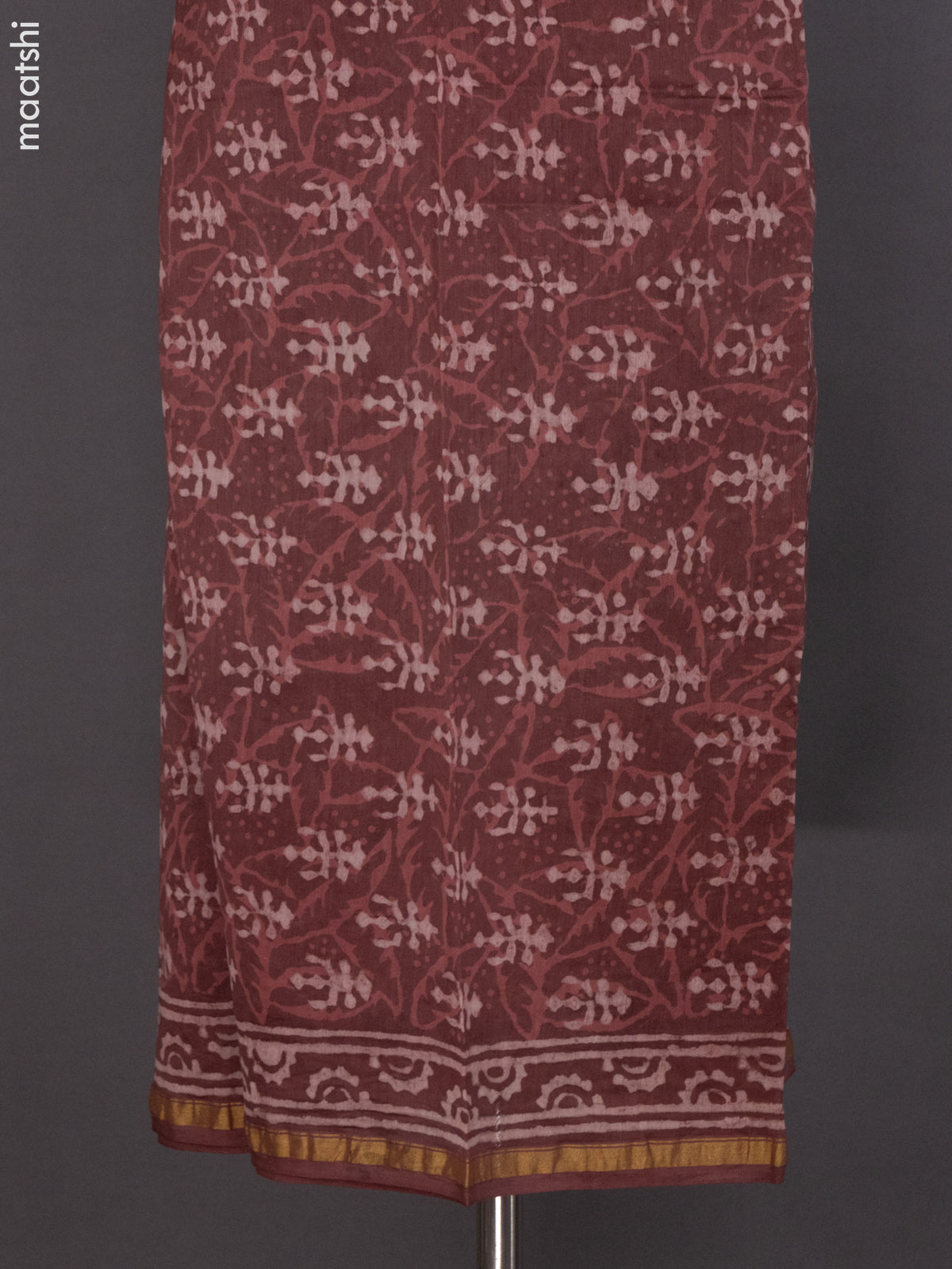 Brown Chanderi Dress Material With Allover Dabu Prints and Small Zari Border
