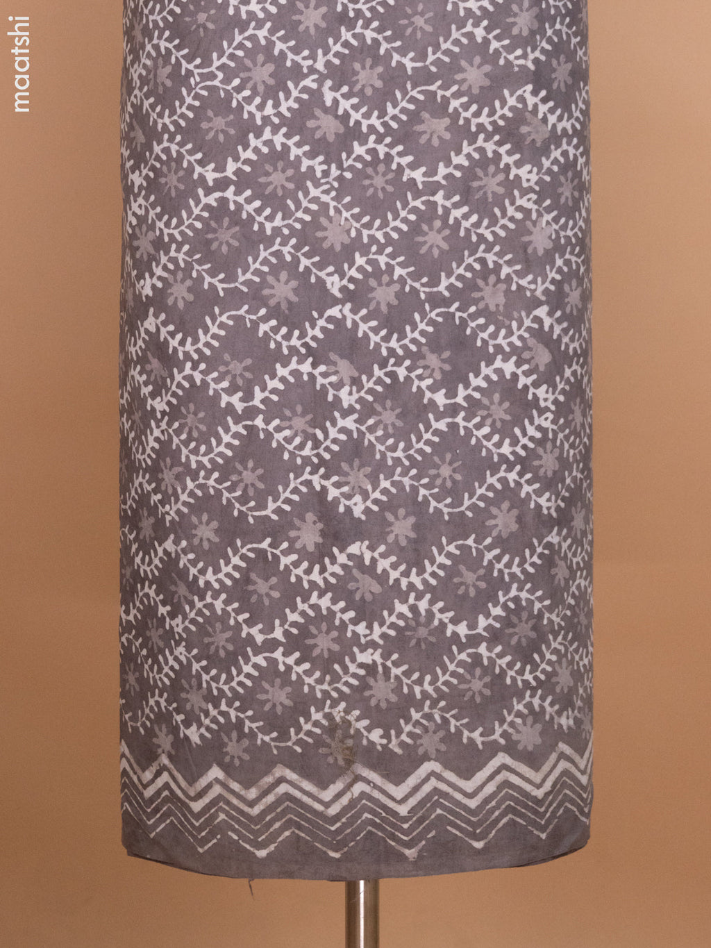 Grey Mulmul Cotton Dress Material With Allover Batik Prints and Bottom & Cotton Dupatta