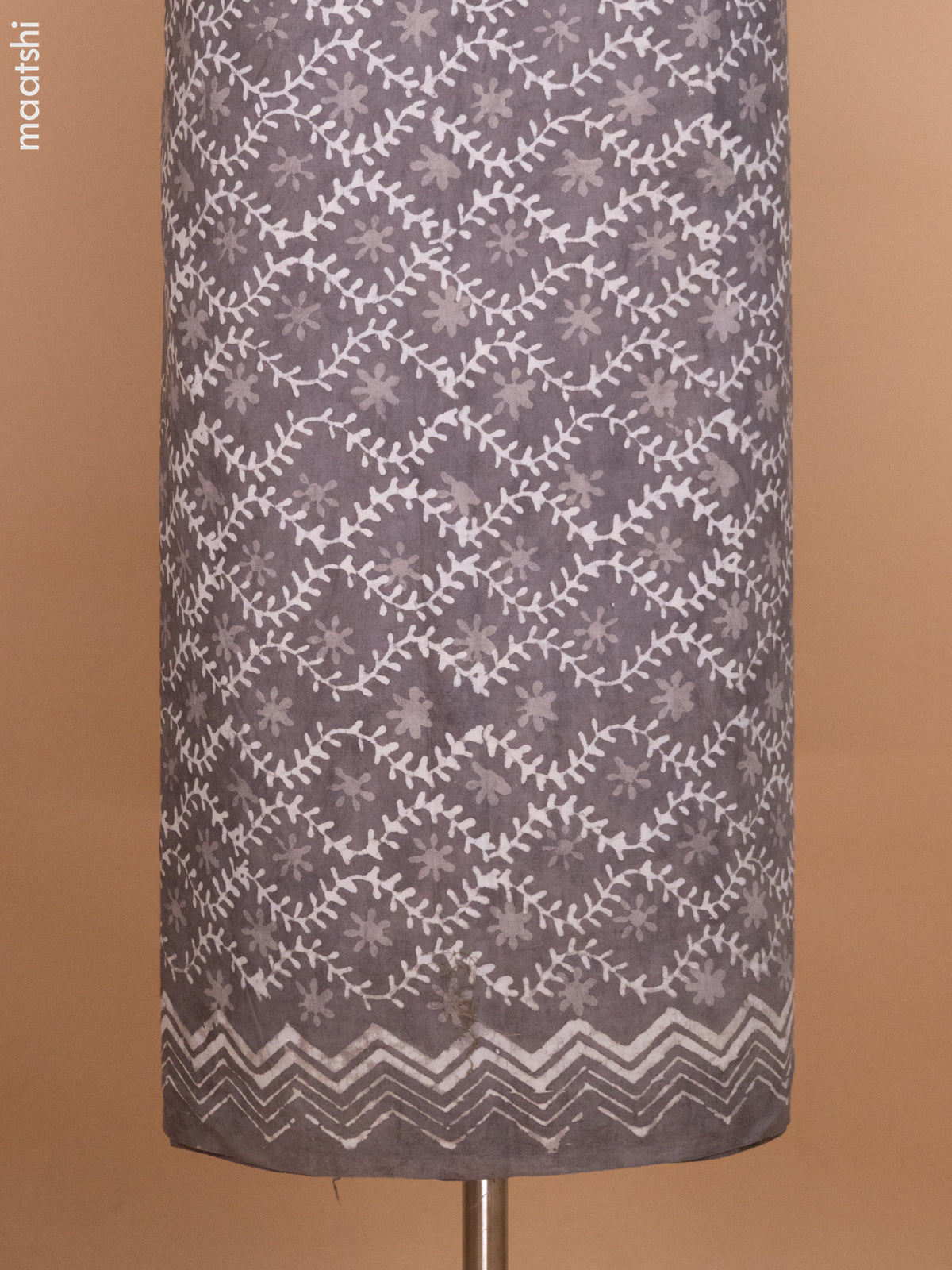 Grey Mulmul Cotton Dress Material With Allover Batik Prints and Bottom & Cotton Dupatta