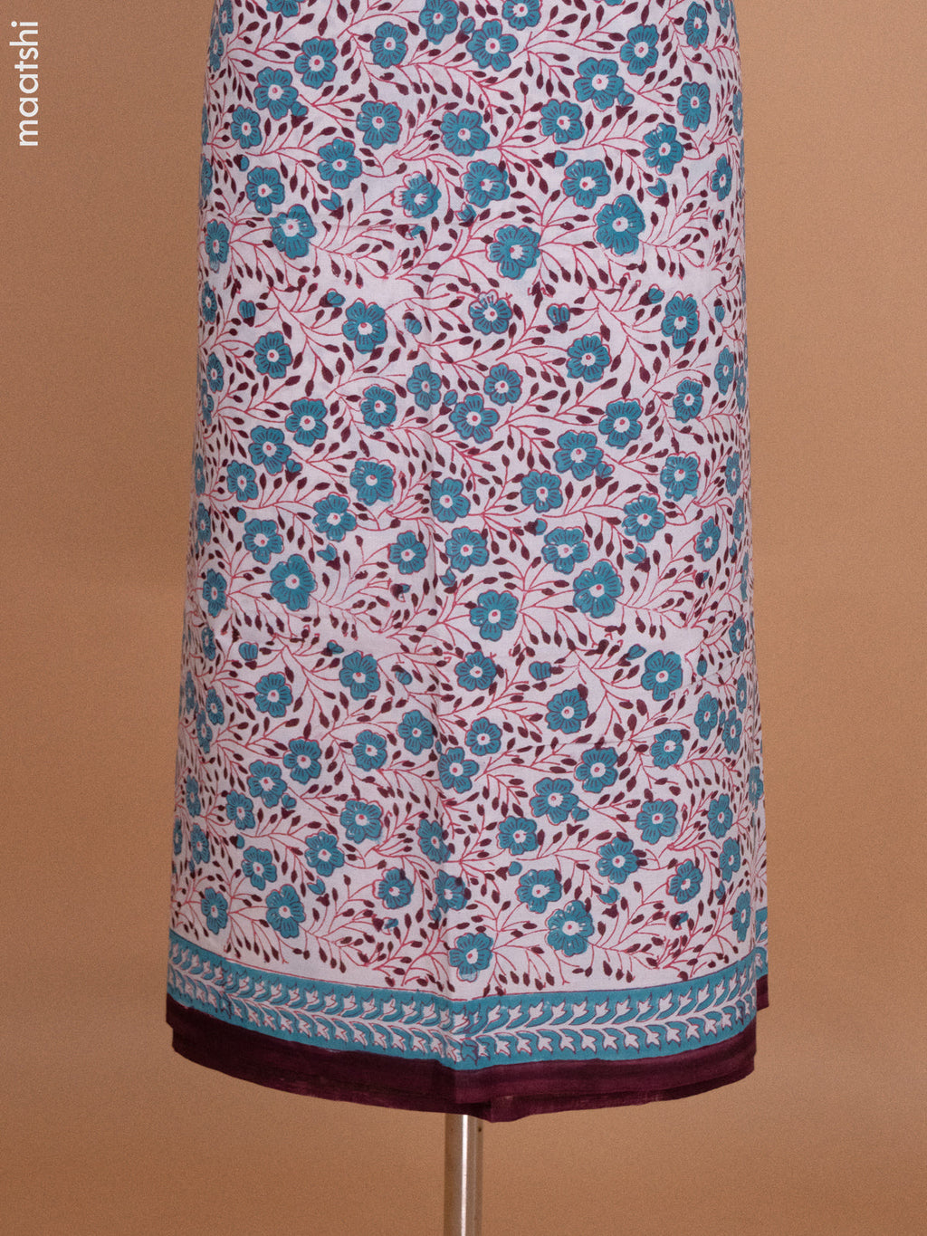 Off White and Teal Blue Brown Mulmul Cotton Dress Material With Allover Floral Prints and Bottom & Cotton Dupatta