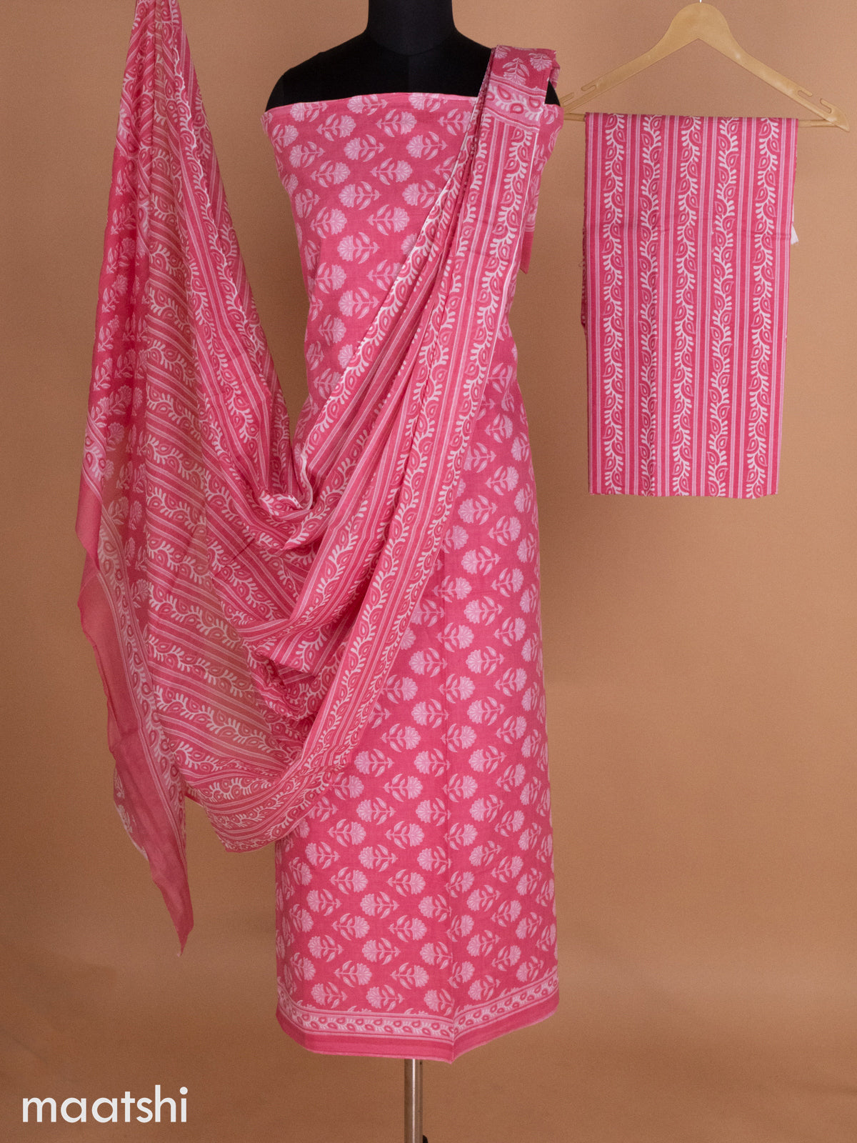 Peach Pink and Off White Mulmul Cotton Dress Material With Buttas Prints and Bottom & Cotton Dupatta