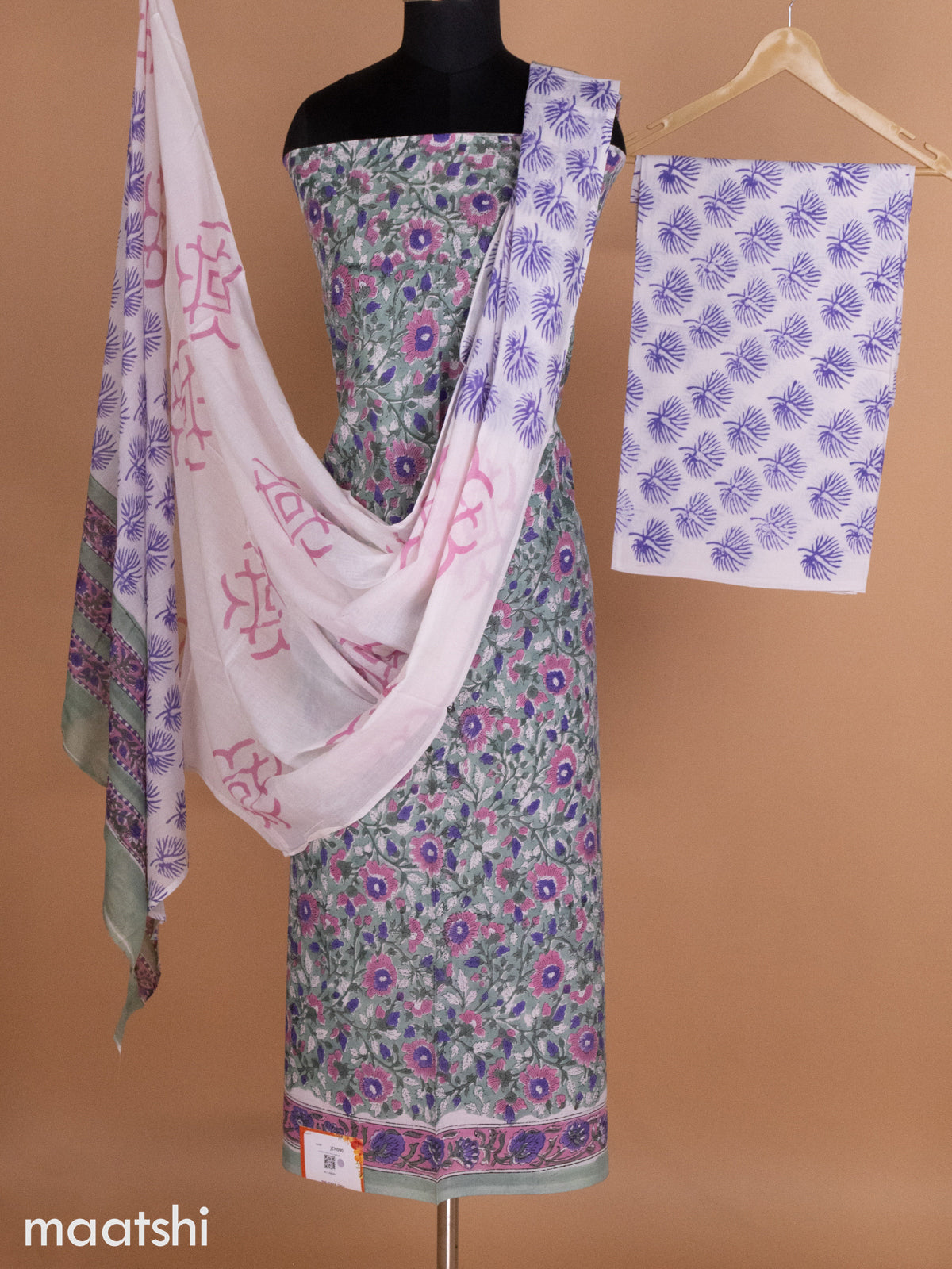 Pastel Green and Off White Mulmul Cotton Dress Material With Allover Kalamkari Prints and Bottom & Cotton Dupatta