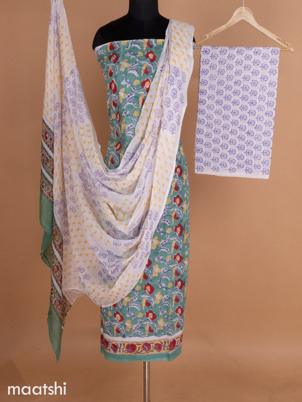 Pastel Green and Off White Mulmul Cotton Dress Material With Allover Prints and Bottom & Cotton Dupatta