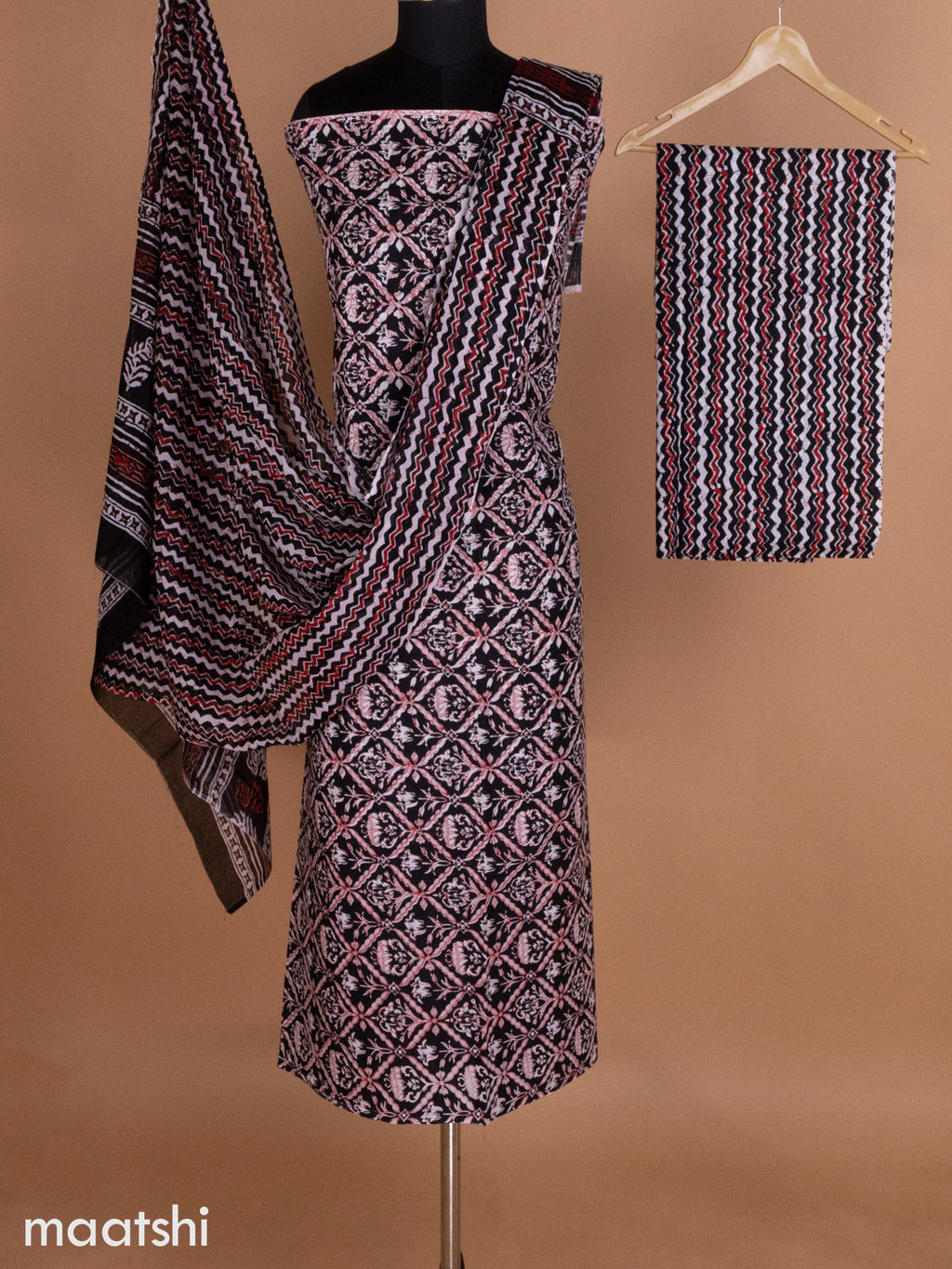 Black and Off White Red Mulmul Cotton Dress Material With Allover Prints and Bottom & Cotton Dupatta