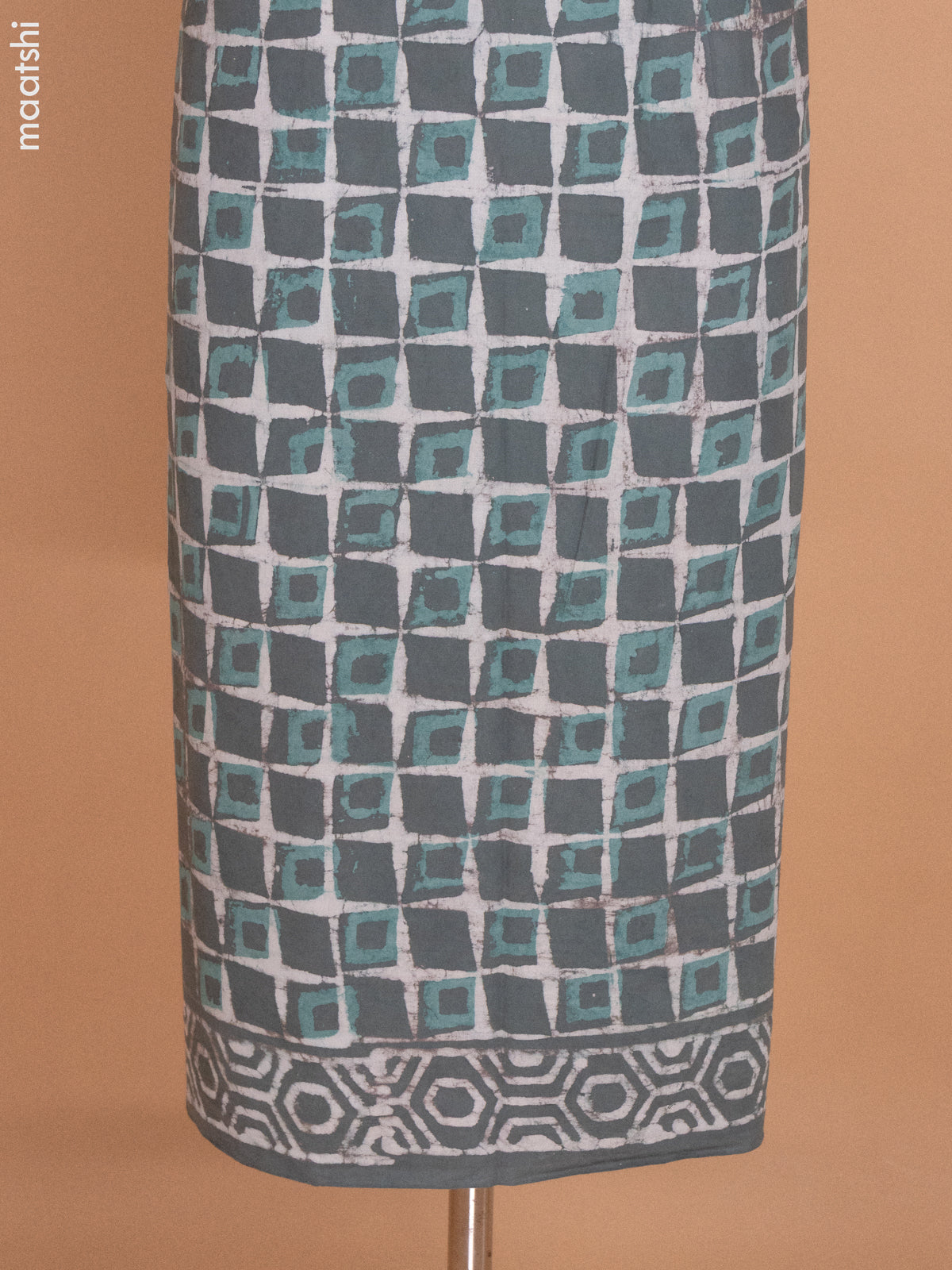 Sap Green and Beige Mulmul Cotton Dress Material With Allover Batik Prints and Bottom & Cotton Dupatta