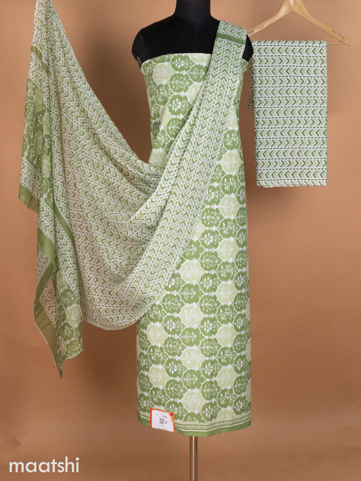 Pastel Green Mulmul Cotton Dress Material With Allover Prints and Bottom & Cotton Dupatta