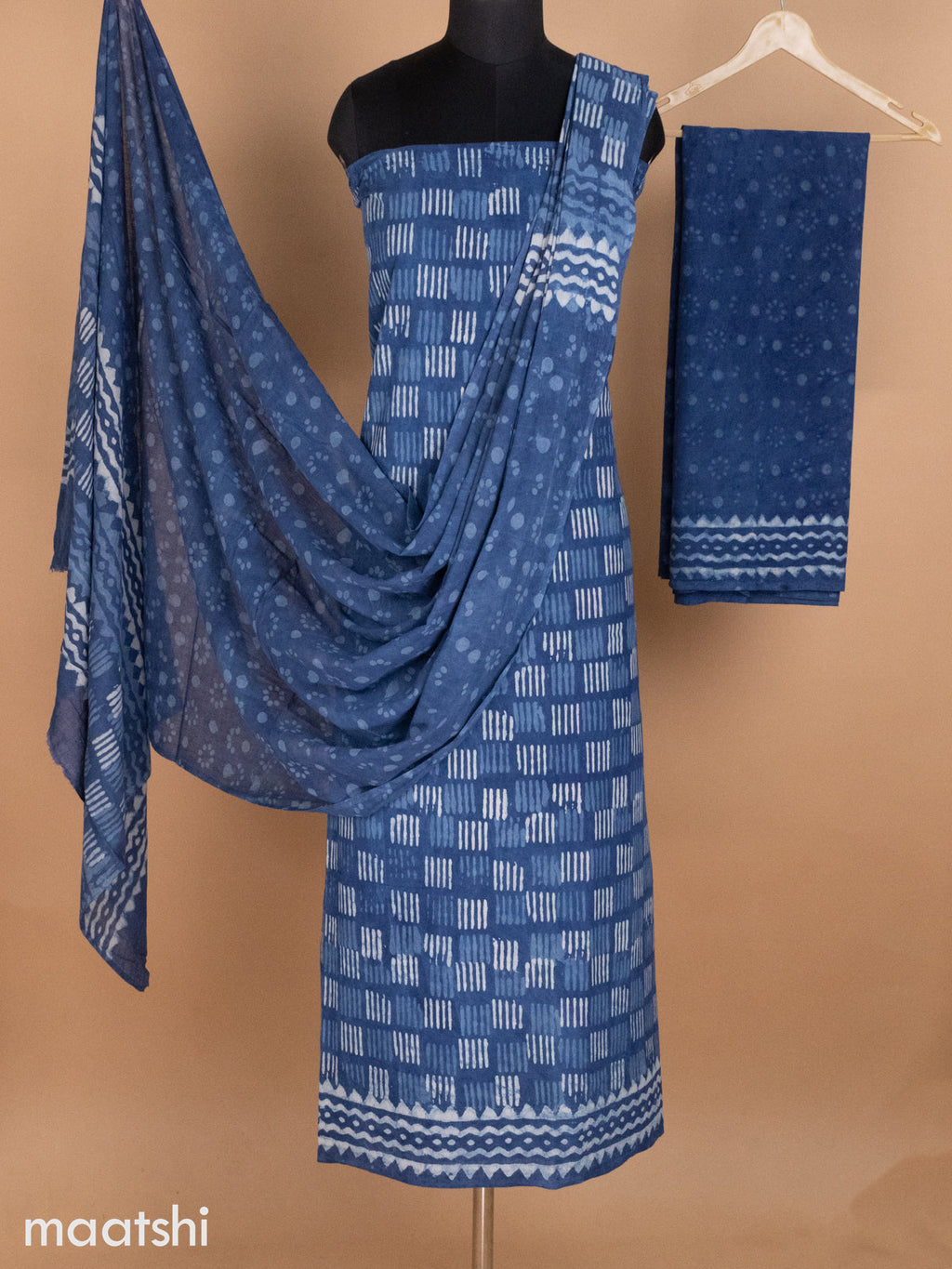 Blue Mulmul Cotton Dress Material With Allover Batik Prints and Bottom & Cotton Dupatta