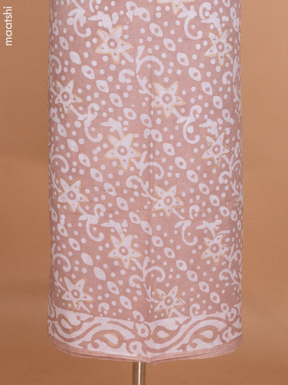 Pastel Brown and Off White Mulmul Cotton Dress Material With Allover Batik Prints and Bottom & Cotton Dupatta
