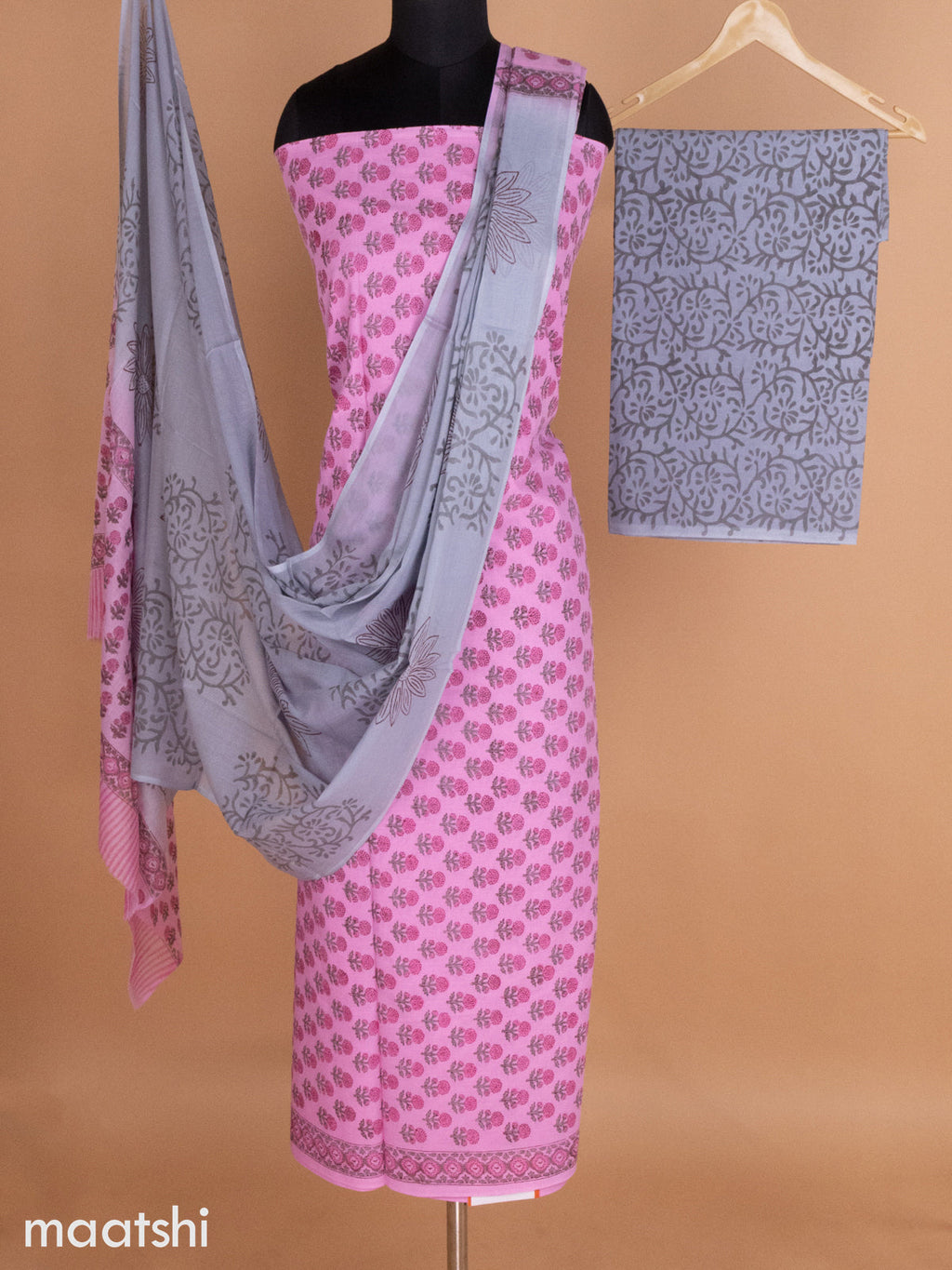 Peach Pink and Grey Shade Mulmul Cotton Dress Material With Floral Buttas Prints and Bottom & Cotton Dupatta