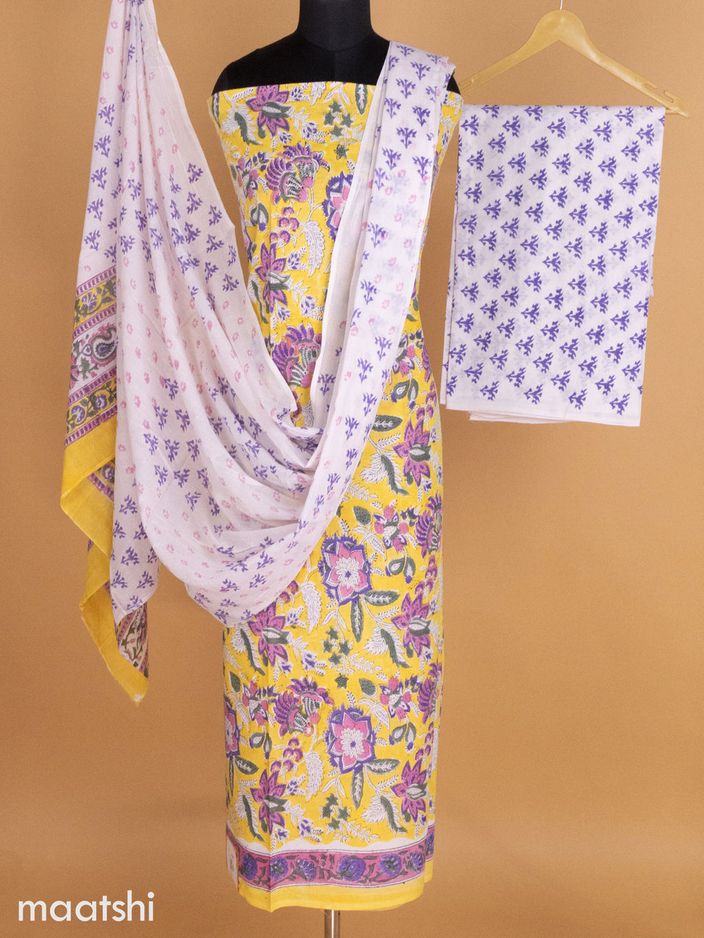 Yellow and Off White Mulmul Cotton Dress Material With Allover Kalamkari Prints and Bottom & Cotton Dupatta