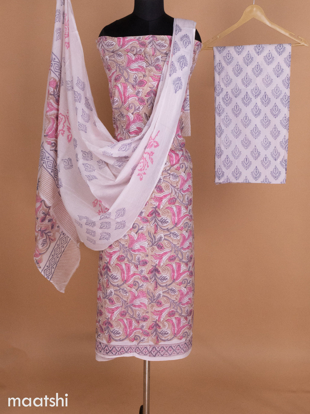Pastel Brown Shade and Off White Mulmul Cotton Dress Material With Allover Floral Prints and Bottom & Cotton Dupatta