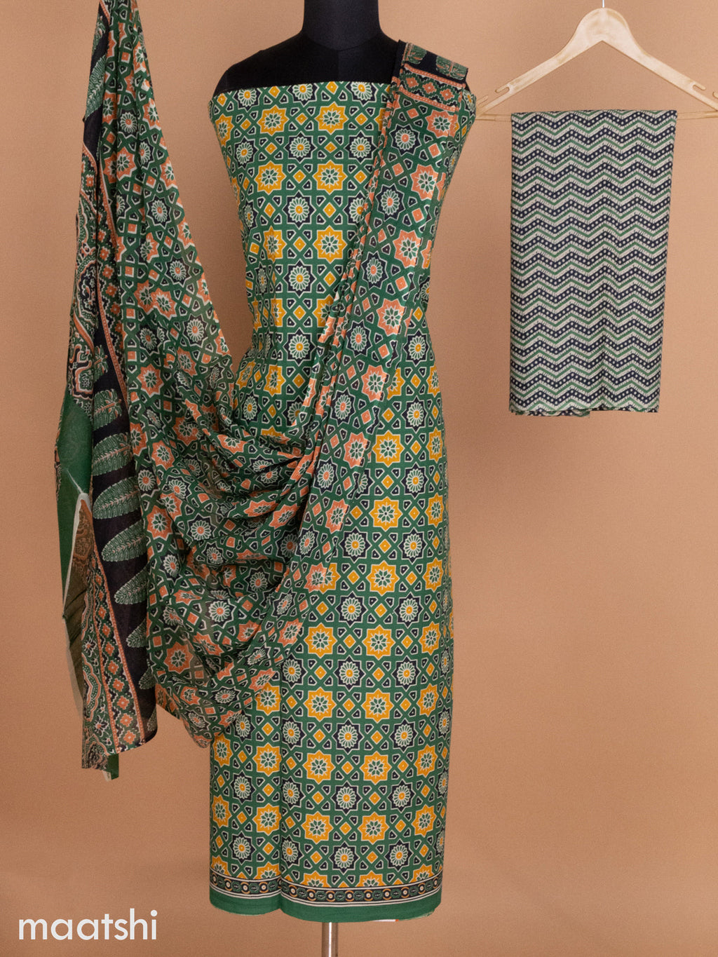 Green Mulmul Cotton Dress Material With Allover Ajrakh Prints and Bottom & Cotton Dupatta