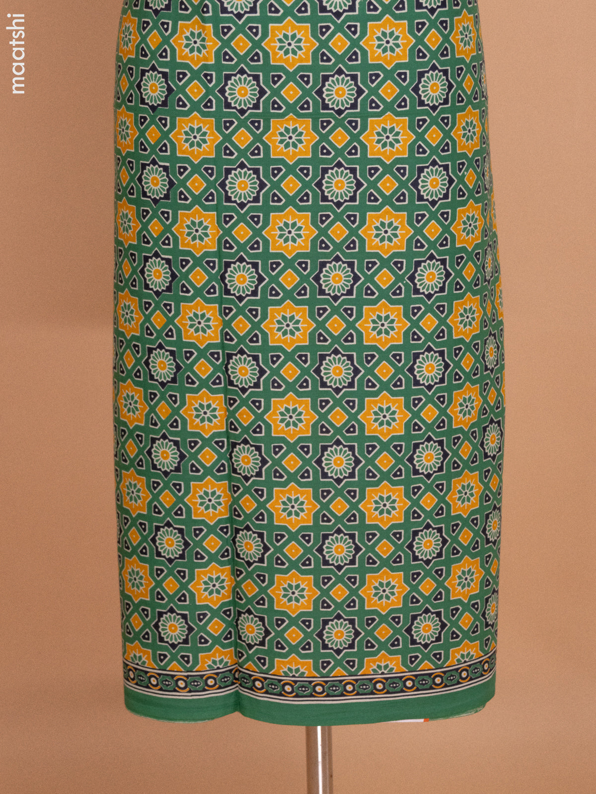 Green Mulmul Cotton Dress Material With Allover Ajrakh Prints and Bottom & Cotton Dupatta